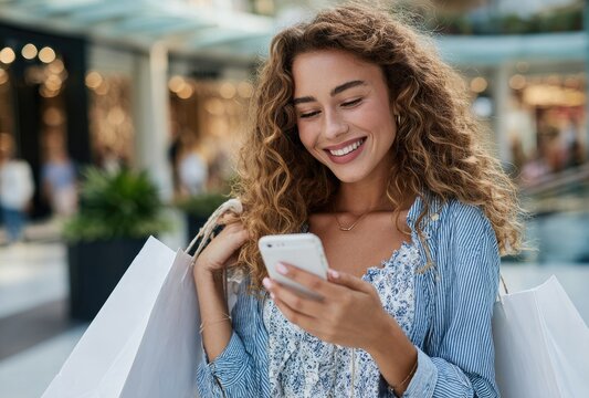 a young woman is smiling and holding shopping bags while looking at her phone outside of the store, with curly hair and wearing white