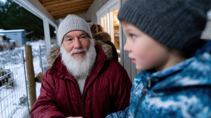 A young boy sharing a warm handshake with a smiling elderly gentleman outside in the snow, embodying the spirit of connection and joy during winter times.
