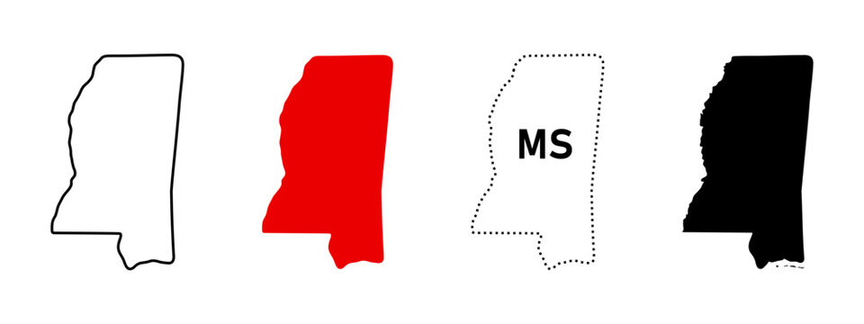 Mississippi state map icon set. US state shape in outline, solid fill, dashed border and abbreviation MS sign. Southern region symbol.