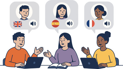 Language class group practicing conversation with AI-driven avatars portraying different dialects illustration