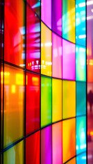 Vibrant, curved glass panels display a spectrum of colors, reflecting blurred interior lights.