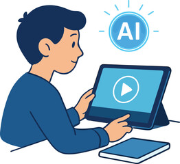 Student watching a short generative explainer animation play icon with AI badge illustration