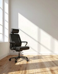 A black office chair sits in a bright room with wooden floors and sunlight streaming in.