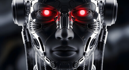 Metallic Android Futuristic Face with Red Eyes Cyberpunk Technology