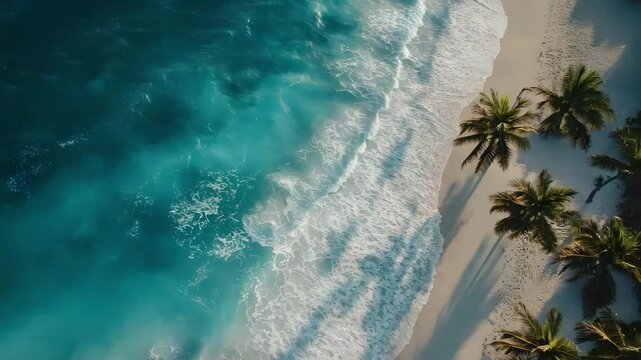 A sweeping shot of the tropical beaches with palm trees at Playa del Carmen 