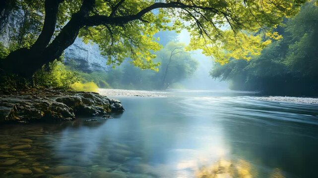 Wide shot of the peaceful river flowing through Sumidero Canyon 