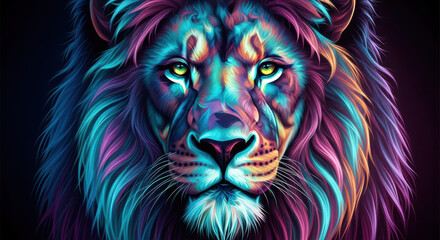 Obraz premium Majestic lion portrait with vibrant neon colorful mane striking intense gaze
