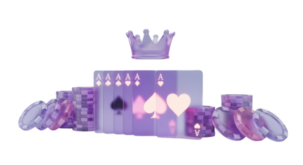 Purple crown, playing cards, and poker chips, isolated on transparent background