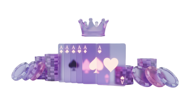 Purple crown, playing cards, and poker chips, isolated on transparent background - Powered by Adobe
