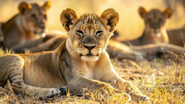 The expansive plains of Ruaha National Park with a pride of lions resting in the shade, wide wildlife shot 