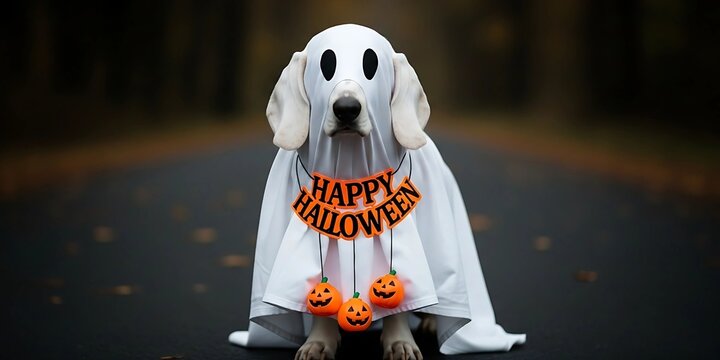 A dog dressed as a ghost for Halloween, holding a Happy Halloween banner - Powered by Adobe