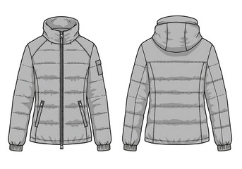 Grey Puffer Jacket: Technical Fashion Flat Sketch