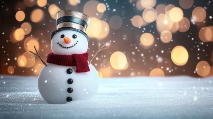 Fototapeta premium Charming festive snowman surrounded by twinkling lights in a dreamy winter wonderland scene.