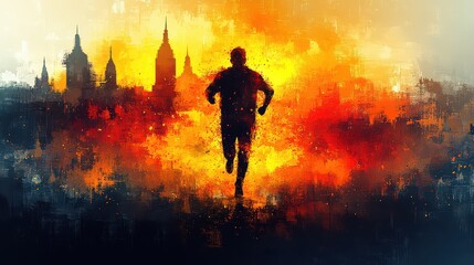 Silhouette of a runner escaping a fiery cityscape.