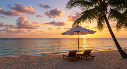 Obraz premium Tropical beach sunset paradise two chairs umbrella palm tree serene ocean view