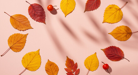 Autumn leaves arranged in circle on pastel pink background  