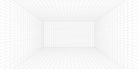 Mesh 3d room. Digital blank space with geometric perspective grid futuristic interior with abstract vector rendering