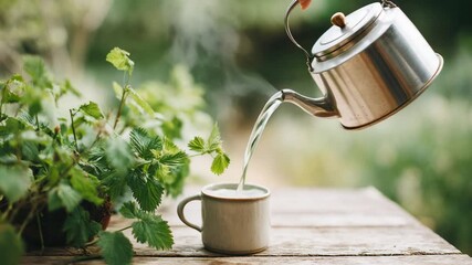 Video of a hand holding a steel kettle pouring water in a cup brewing herbal tea - Powered by Adobe