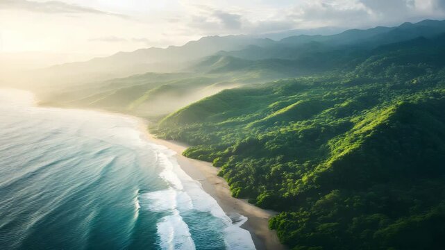Panoramic shot of Tayrona National Park beaches and jungle meeting the sea