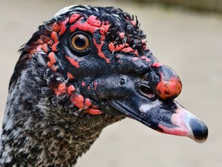 Close up portrait of a muscovy duck showing its unique red caruncles and textured black and white feathers