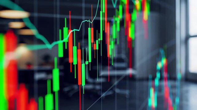 This video displays colorful stock market candlestick charts and dynamic trading lines on a digital screen, illustrating financial analysis, price movements, and market trends.