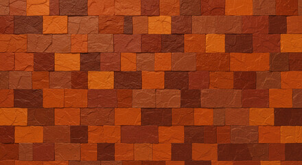 Textured terracotta tile wall, varying shades of orange and brown, square mosaic pattern.