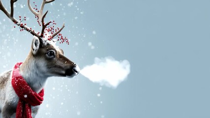 A cute reindeer wearing a red scarf stands under falling snow on a bright winter background. Copy space, greeting card - Powered by Adobe