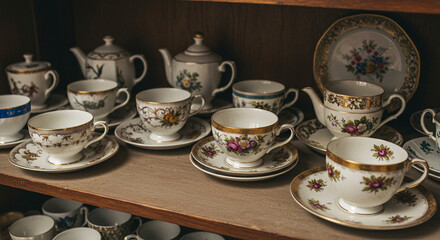 Fototapeta premium Vintage china tea set displayed on wooden shelf with intricate designs 
