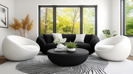 A minimalist black and white living room features a large, dark sofa with a round coffee table at its center, paired with two rounded white chairs for a touch of elegance.
