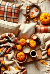 Cozy autumn flatlay with pumpkins, plaid pillows, blankets, coffee, and candles. Warm seasonal atmosphere perfect for fall home decor, Thanksgiving, and autumn inspiration.