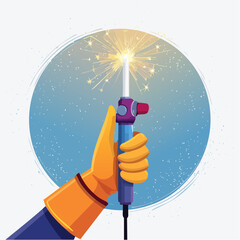 Hand Holding Welding Tool with Sparks on Blue Background
