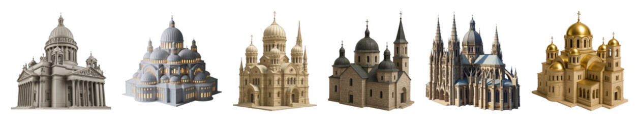Fototapeta premium Churches and cathedrals set including dome, spired, gothic, and orthodox styles isolated. Architectural structures collection.
