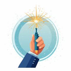 Hand Holding Welding Tool with Bright Spark on Blue Background