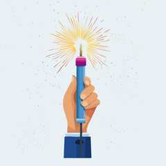 Hand Holding Soldering Iron with Bright Sparks on Light Blue Background