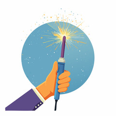 Hand Holding A Welding Tool With Sparks On A Blue Background