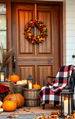 Cozy fall porch decor with pumpkins, autumn wreath, lanterns, and a plaid blanket on a chair. Warm seasonal atmosphere for American home decoration and autumn holidays.