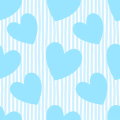 Hearts Retro Seamless Pattern on Blue Striped Background. The texture of the festive background for Valentine's day, romantic wedding design. Cute Childish Wallpaper for nursery.