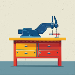 Vintage Drill Press On Colorful Workbench In Workshop