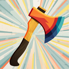 Orange And Blue Axe With Wooden Handle On Multicolor Radial Background