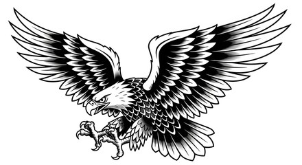 Fototapeta premium Black and White Eagle Illustration with Outstretched Wings in Artistic Style for Logos or Tattoos