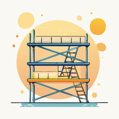 Three Level Metal Scaffolding With Wooden Platforms And Ladders On Yellow Background