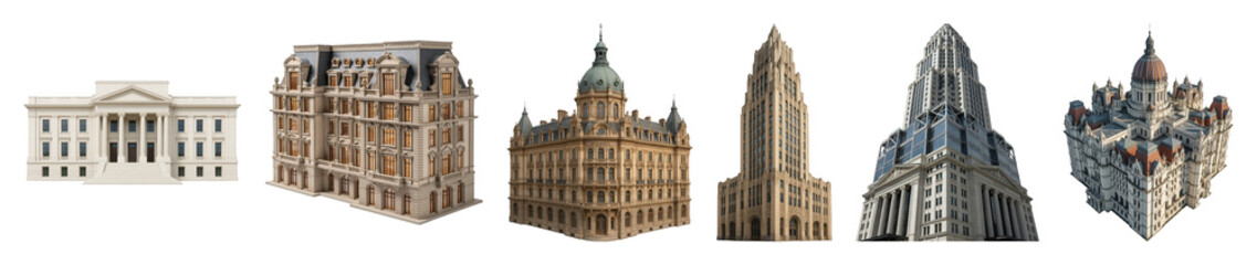 Obraz premium Architectural building set including classical, historic, ornate, Art Deco, and skyscraper styles isolated. Urban planning, cityscape, and design elements collection.