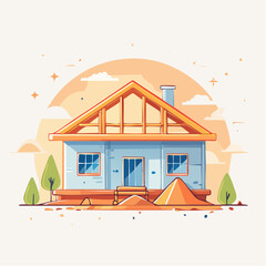 Unfinished Pixel Art House with Wooden Roof Frame at Sunset