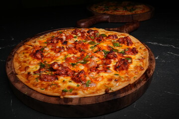Delicious Chicken Pizza on Wooden Board