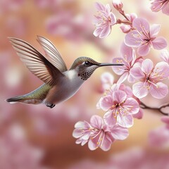 Fototapeta premium Hummingbird s Dance Capturing Nature s Grace as it Sips Nectar from Vibrant Pink Petals in Bloom