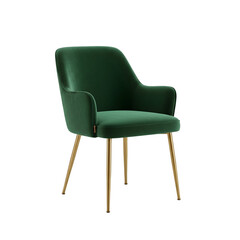 Elegant Emerald Green Velvet Armchair with Golden Legs, Modern Contemporary Design, Isolated on Black Background