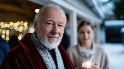 A serene portrait featuring an elderly man in a robe holding a lantern, accompanied by a young girl in a cozy setting, beautifully representing warmth and togetherness during festive days.