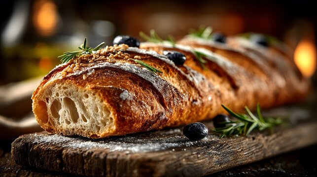 Delicious French Baguette With Olives And Rosemary, Presented On Wooden Cutting Board, Creating Tempting European Meal Scene