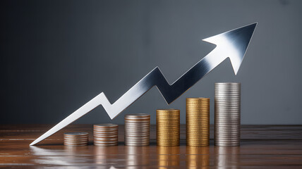 Financial growth chart with rising coins and arrow symbolizing success