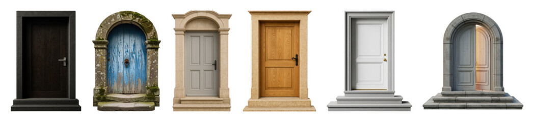 Obraz premium Door set including modern, rustic, classic, and traditional designs isolated. Architectural elements for design projects.